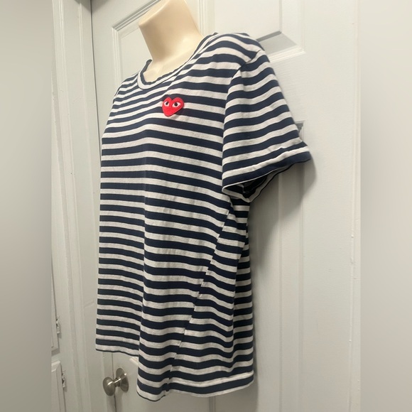 PLAY Comme des Garçons Navy White Striped T-shirt  red heart patch logo-L-EUC - Picture 6 of 10